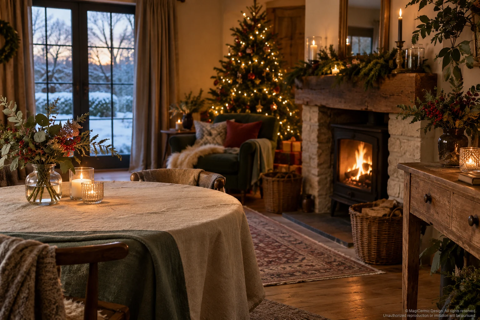 A warm winter room at dusk