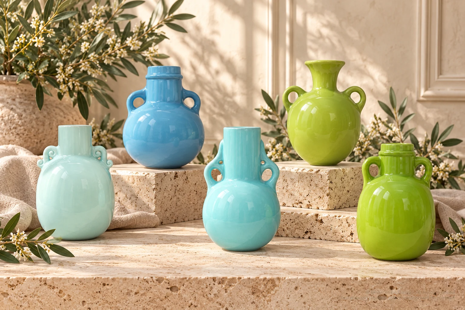 Italian-inspired floral setting of loop-handled amphora vases, kept within one visible motif family