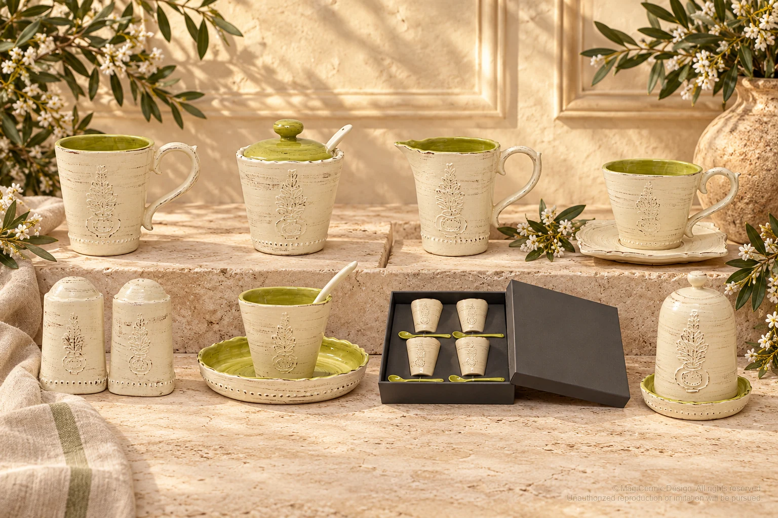 Italian-inspired floral setting of rustic pineapple tableware, kept within one visible motif family