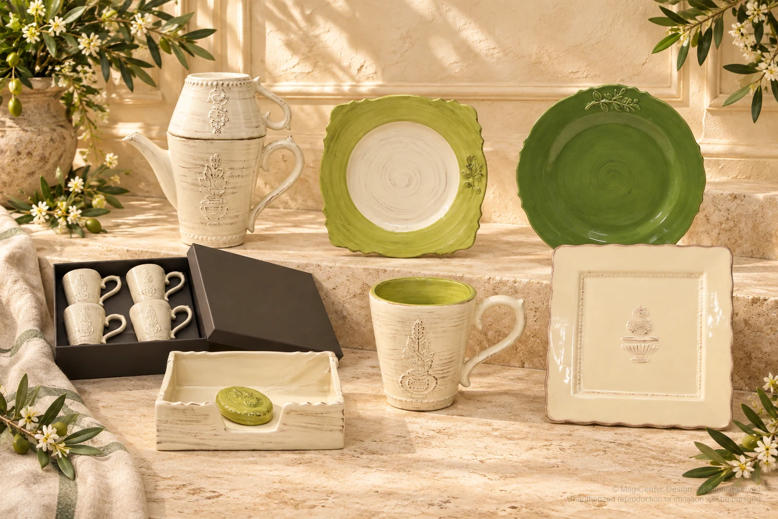 Italian-inspired floral setting of rustic pineapple tableware, kept within one visible motif family