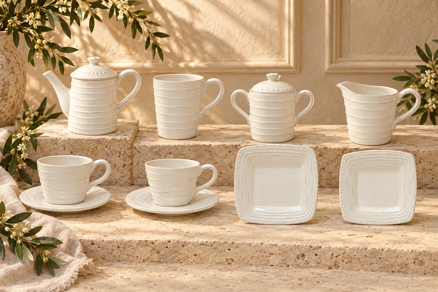 Italian-inspired floral setting of horizontal ring tableware, kept within one visible motif family