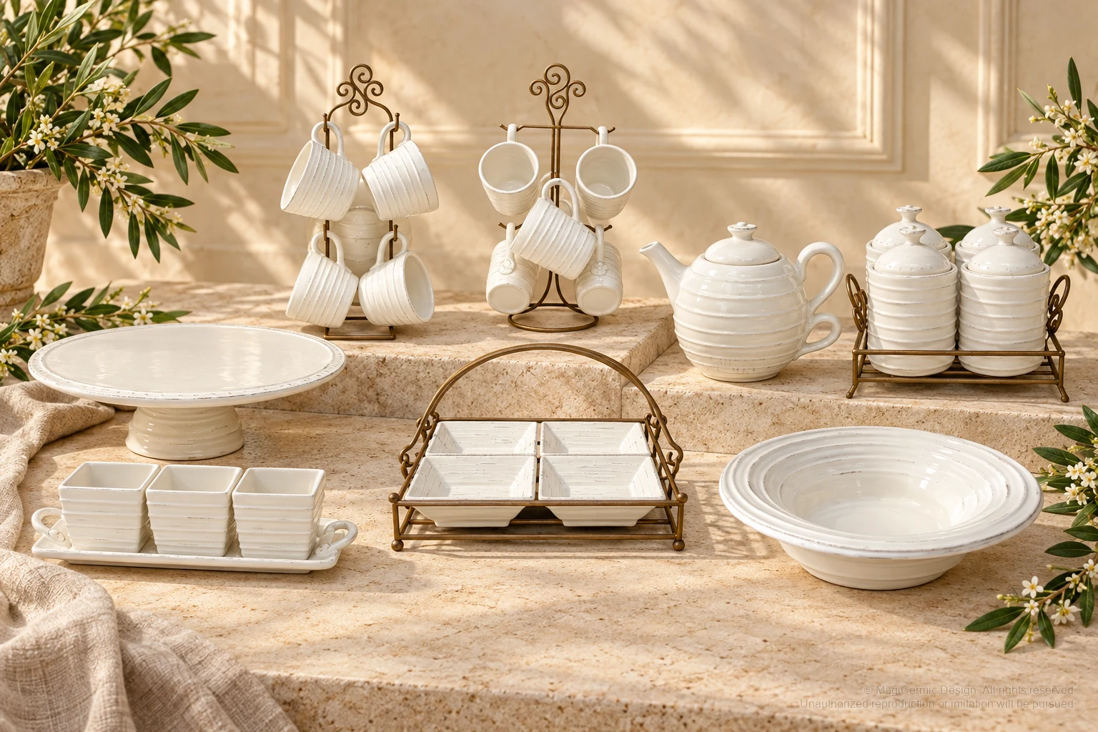 Italian-inspired floral setting of horizontal ring tableware, kept within one visible motif family