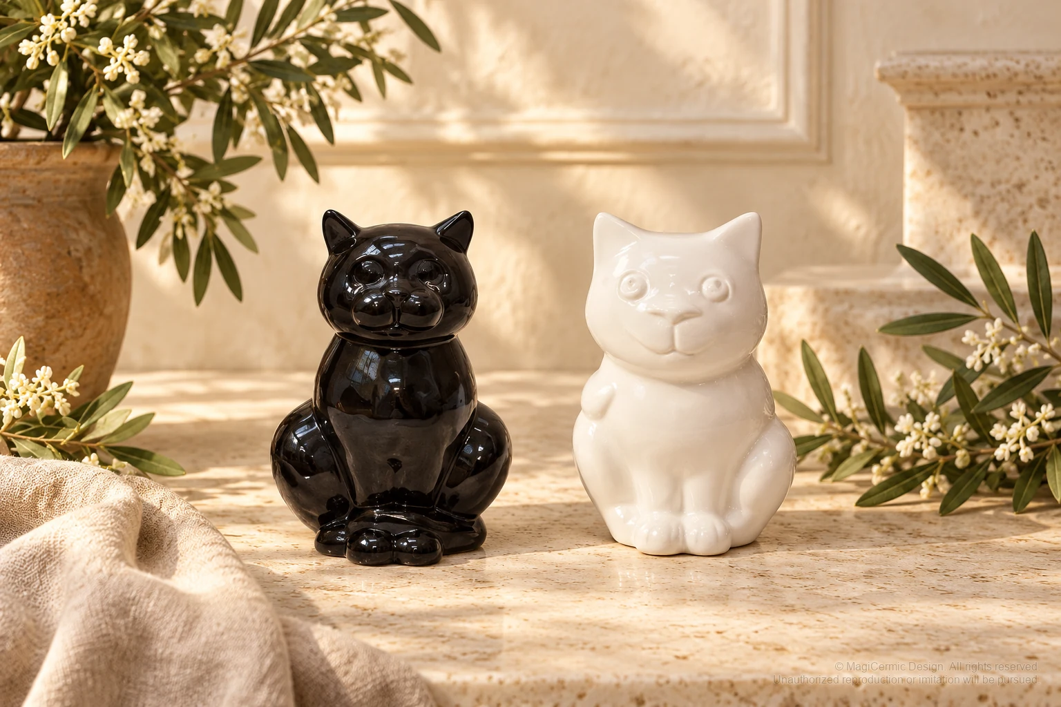 Italian-inspired floral setting of round cat figures, kept within one visible motif family