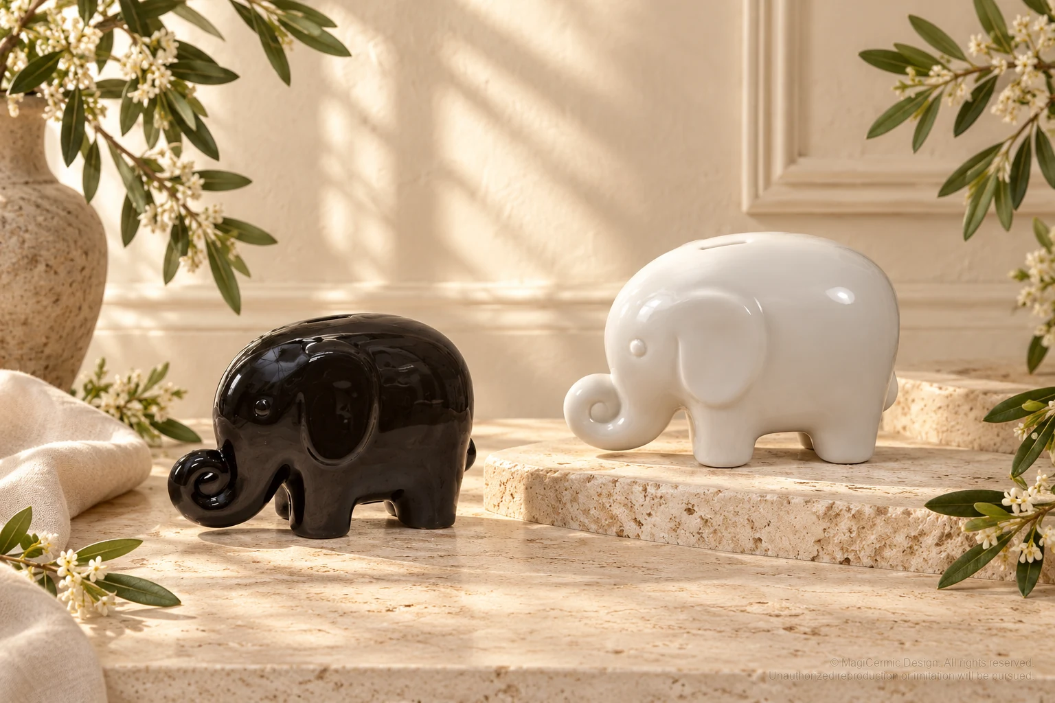 Italian-inspired floral setting of rounded elephant figures, kept within one visible motif family