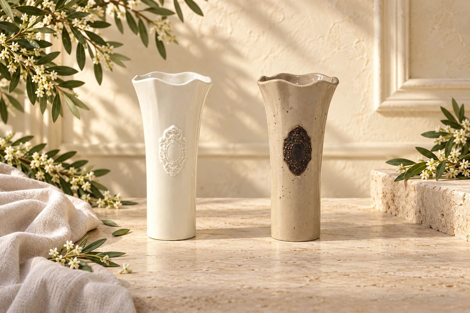 Italian-inspired floral setting of oval medallion vases, kept within one visible motif family