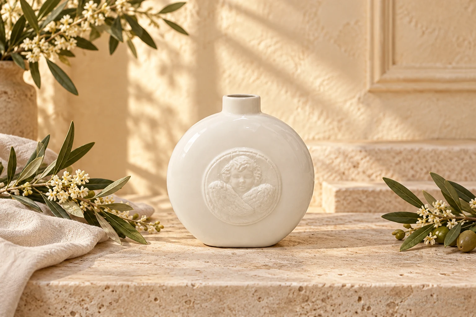 Italian-inspired floral setting of cherub medallion bottle, kept within one visible motif family