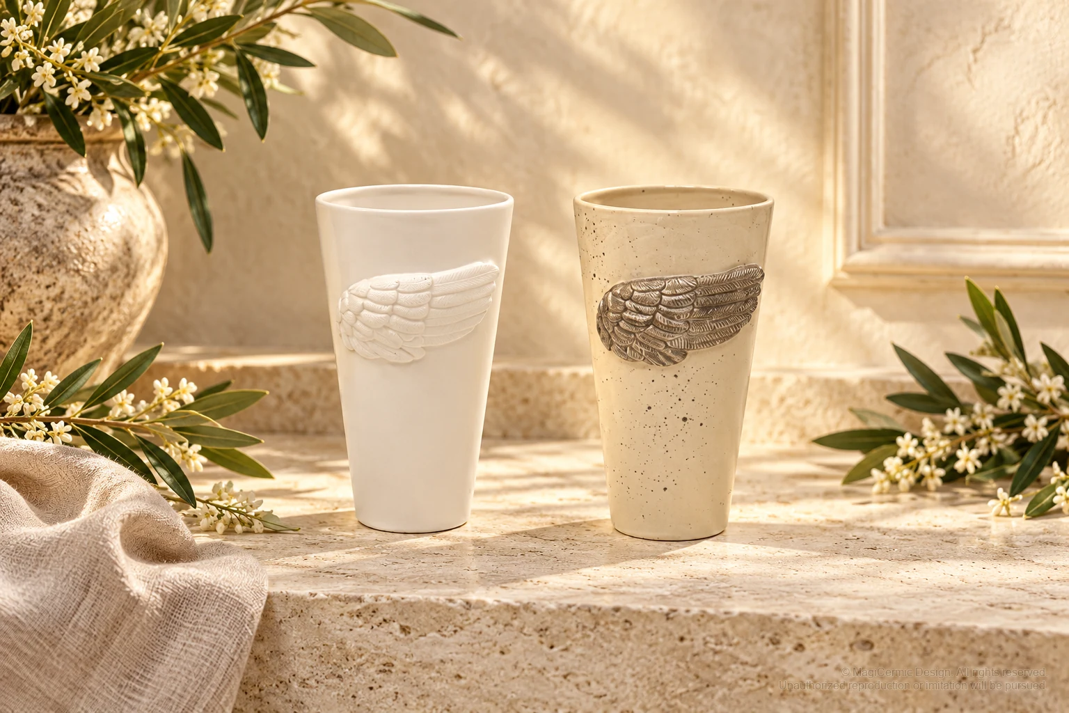 Italian-inspired floral setting of wing relief vessels, kept within one visible motif family