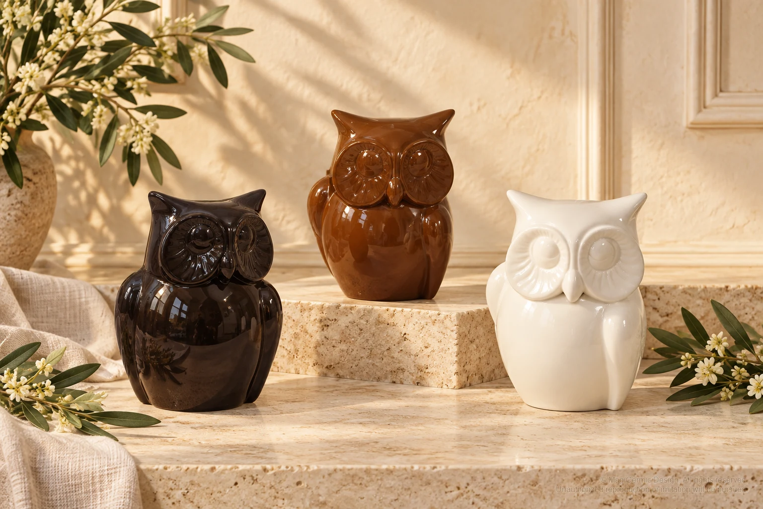 Italian-inspired floral setting of glossy sculptural owl vessels, kept within one visible motif family