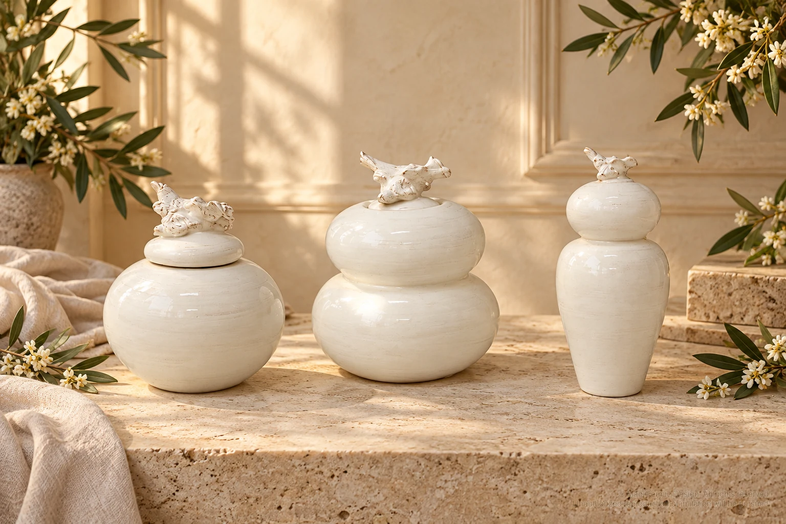 Italian-inspired floral setting of bird finial jars, kept within one visible motif family