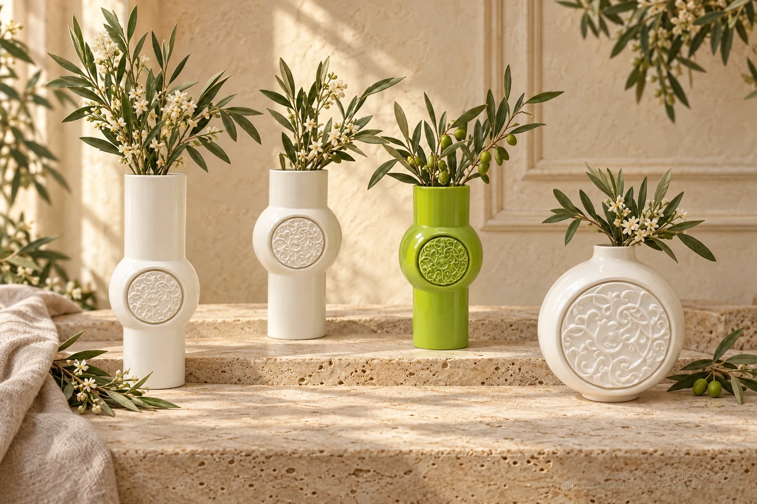 Italian-inspired floral setting of round scroll medallion vessels, kept within one visible motif family