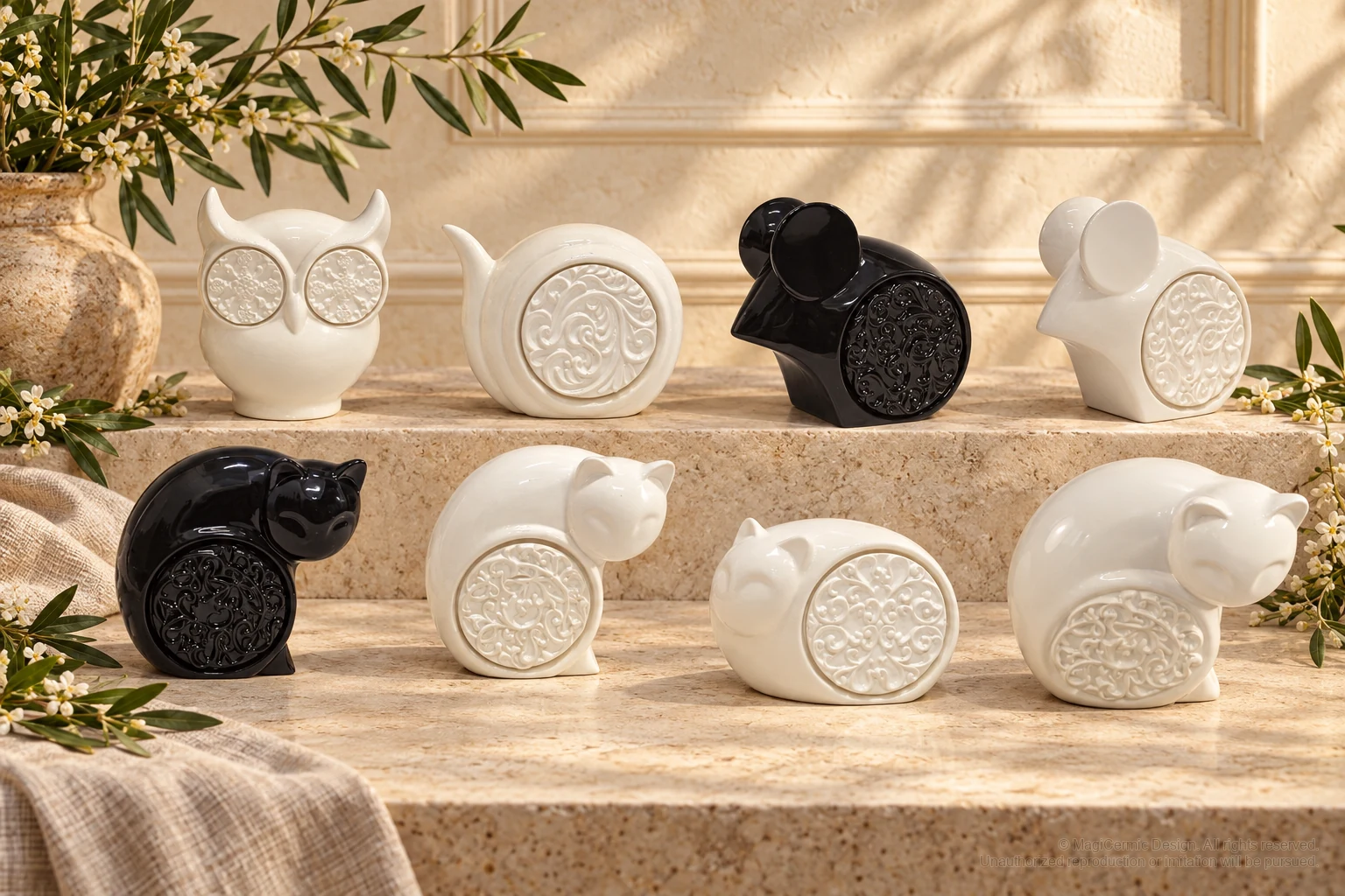 Italian-inspired floral setting of scroll disc animal sculptures, kept within one visible motif family
