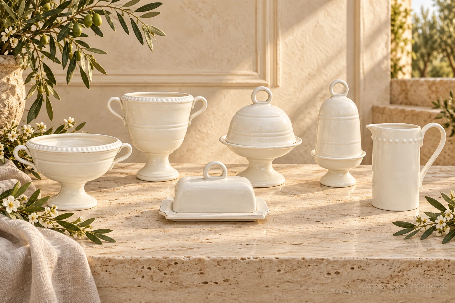 Italian-inspired floral setting of pearl rim tableware, kept within one visible motif family