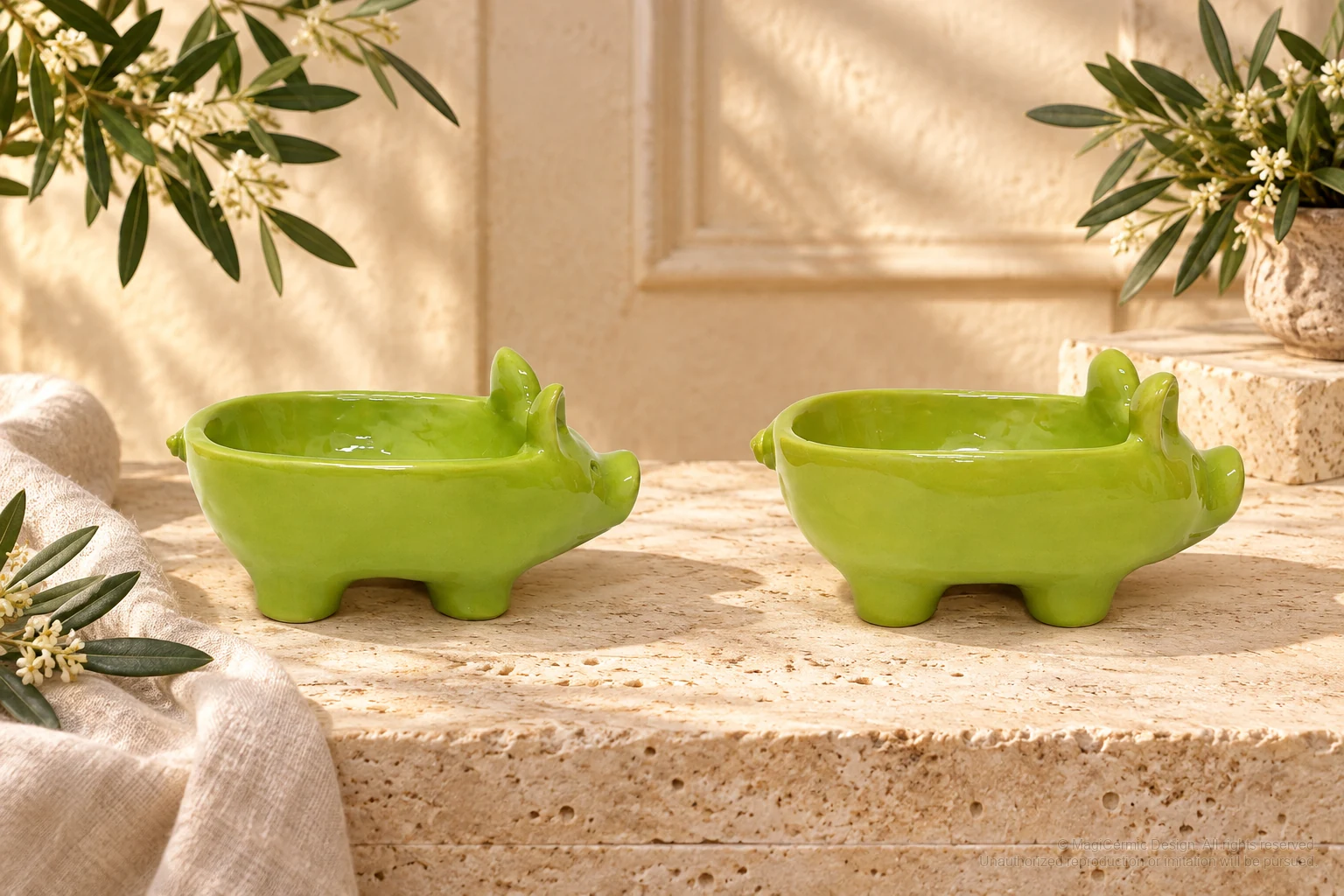 Italian-inspired floral setting of pig shaped bowls, kept within one visible motif family