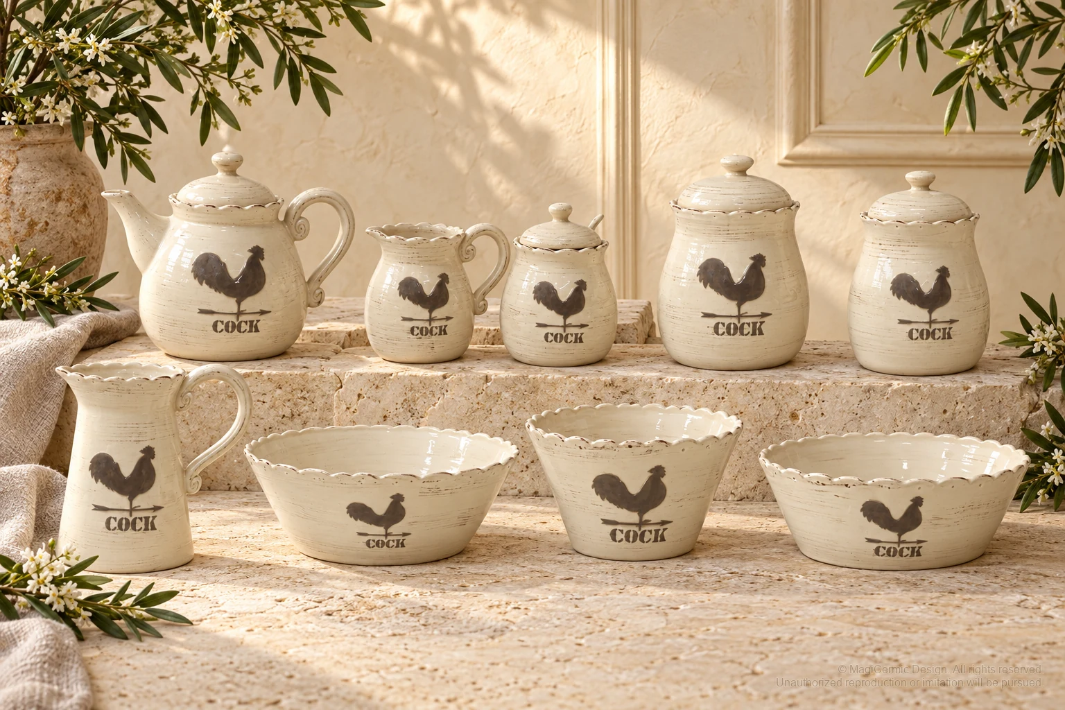 Italian-inspired floral setting of rustic rooster silhouettes, kept within one visible motif family