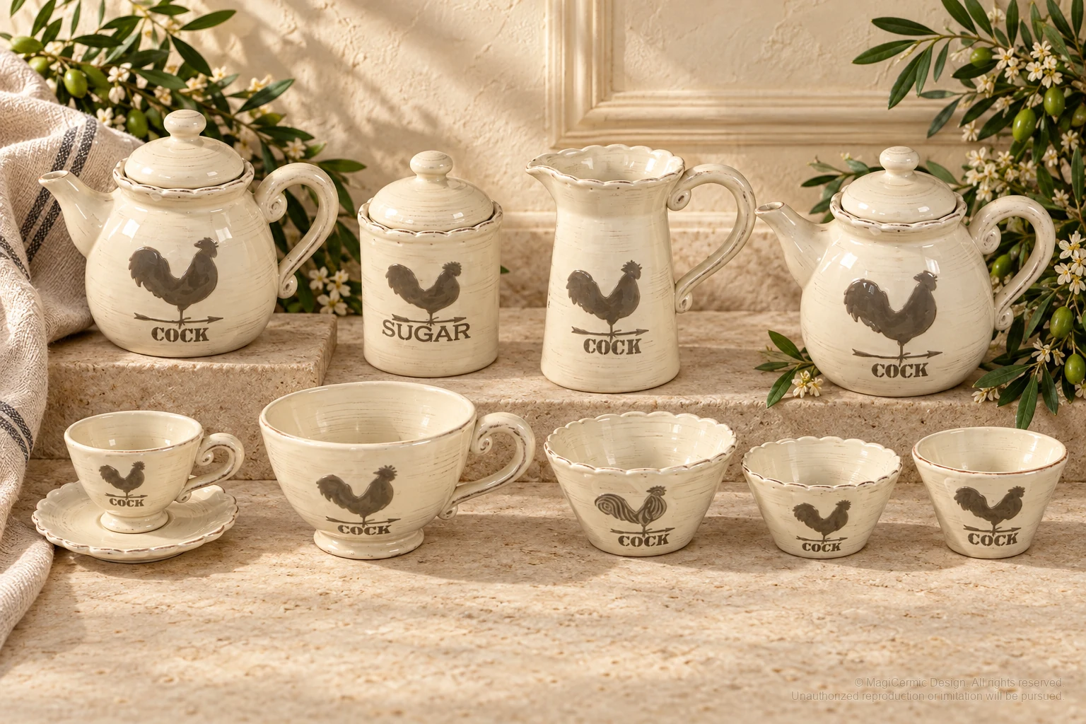 Italian-inspired floral setting of rustic rooster silhouettes, kept within one visible motif family