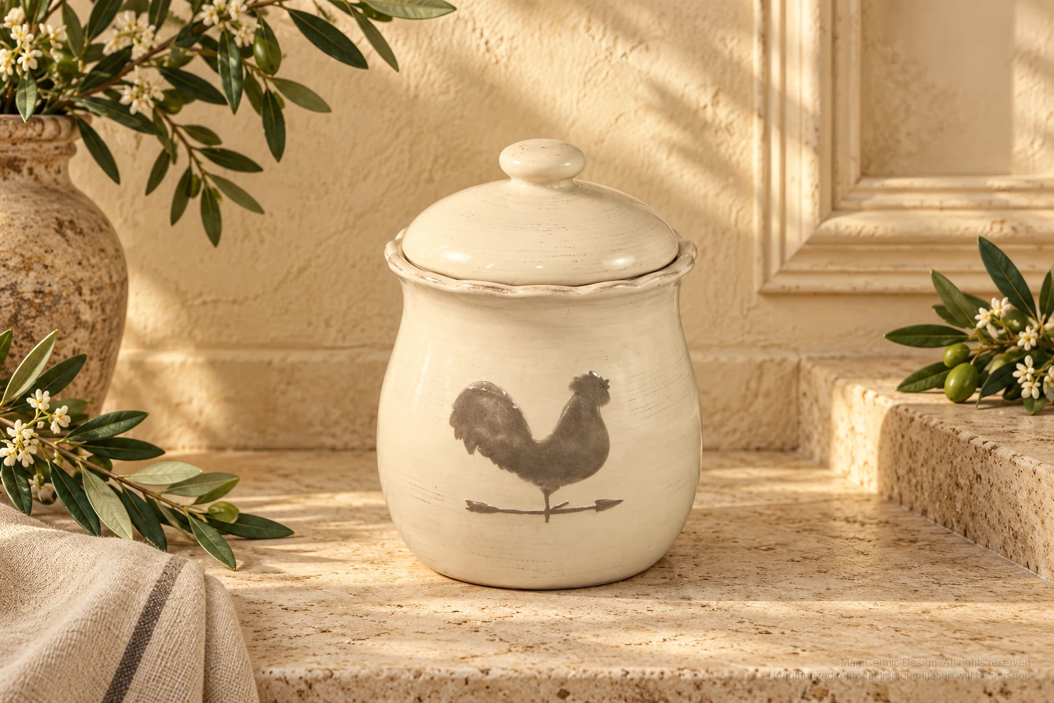 Italian-inspired floral setting of rustic rooster silhouettes, kept within one visible motif family