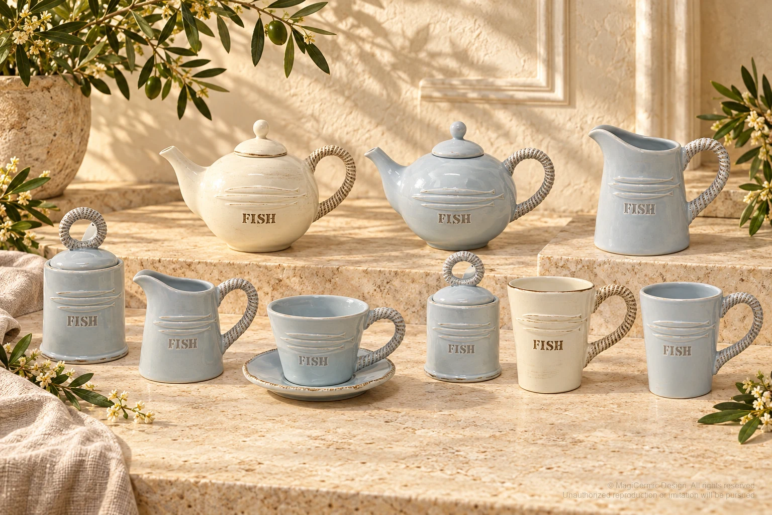 Italian-inspired floral setting of fish rope handle tableware, kept within one visible motif family