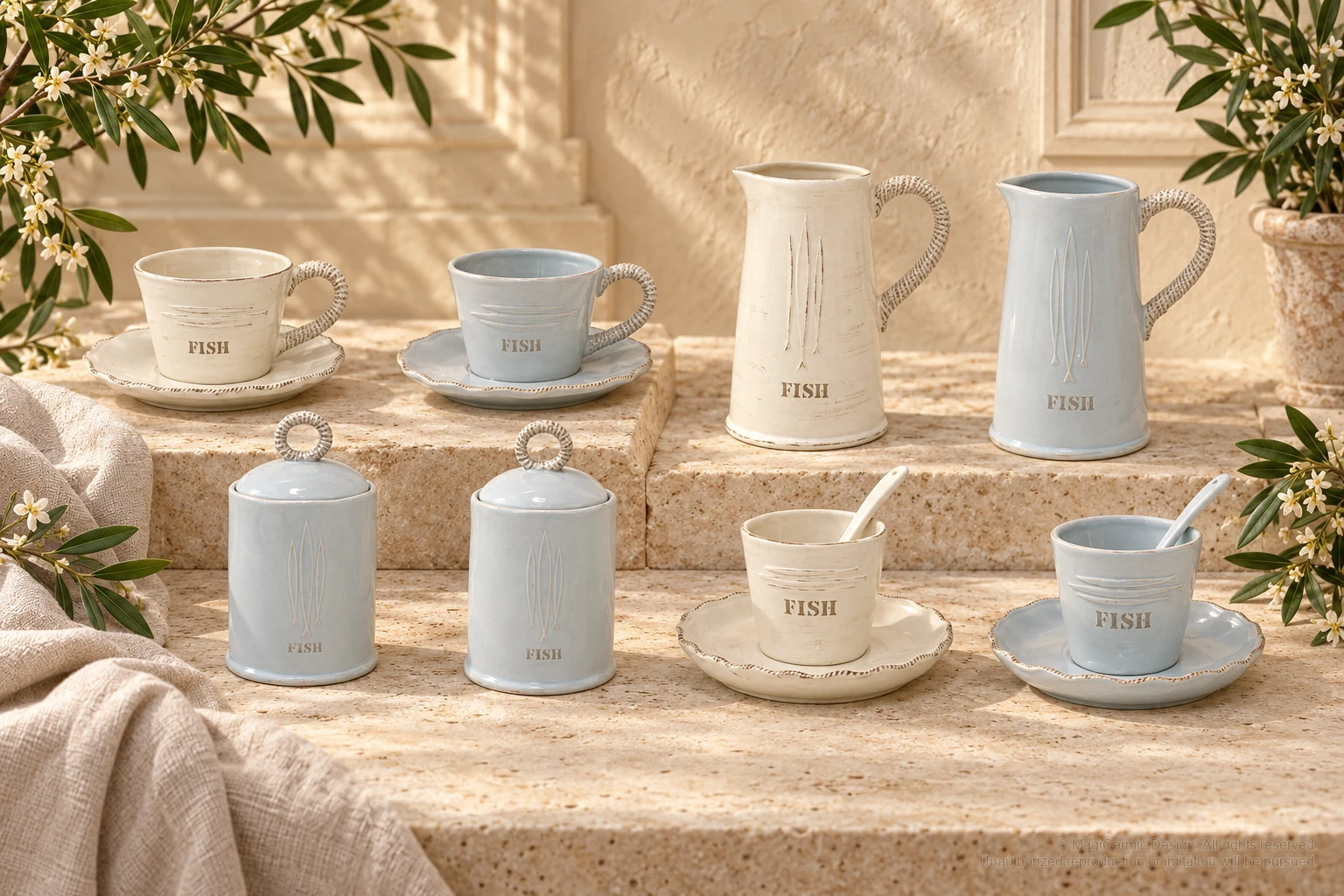 Italian-inspired floral setting of fish rope handle tableware, kept within one visible motif family