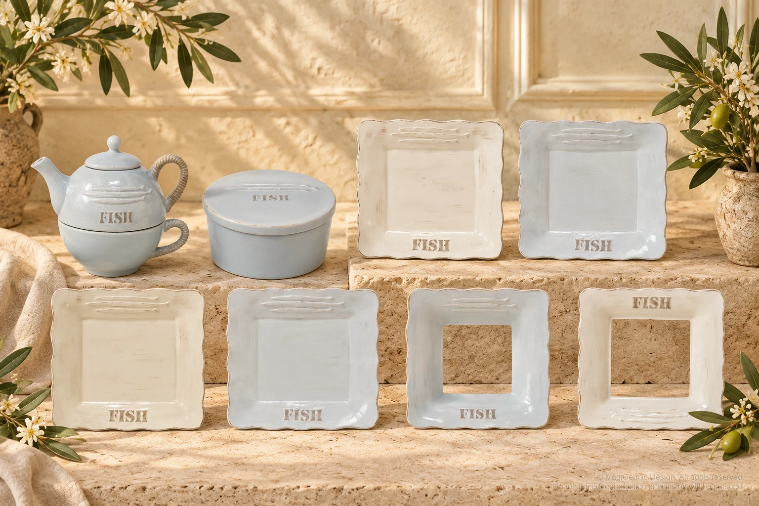 Italian-inspired floral setting of fish rope handle tableware, kept within one visible motif family