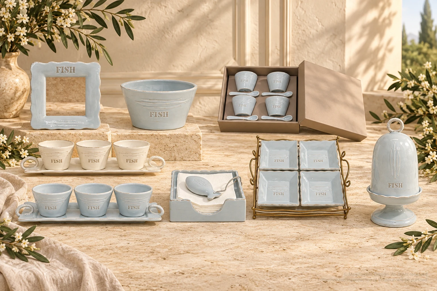 Italian-inspired floral setting of fish rope handle tableware, kept within one visible motif family