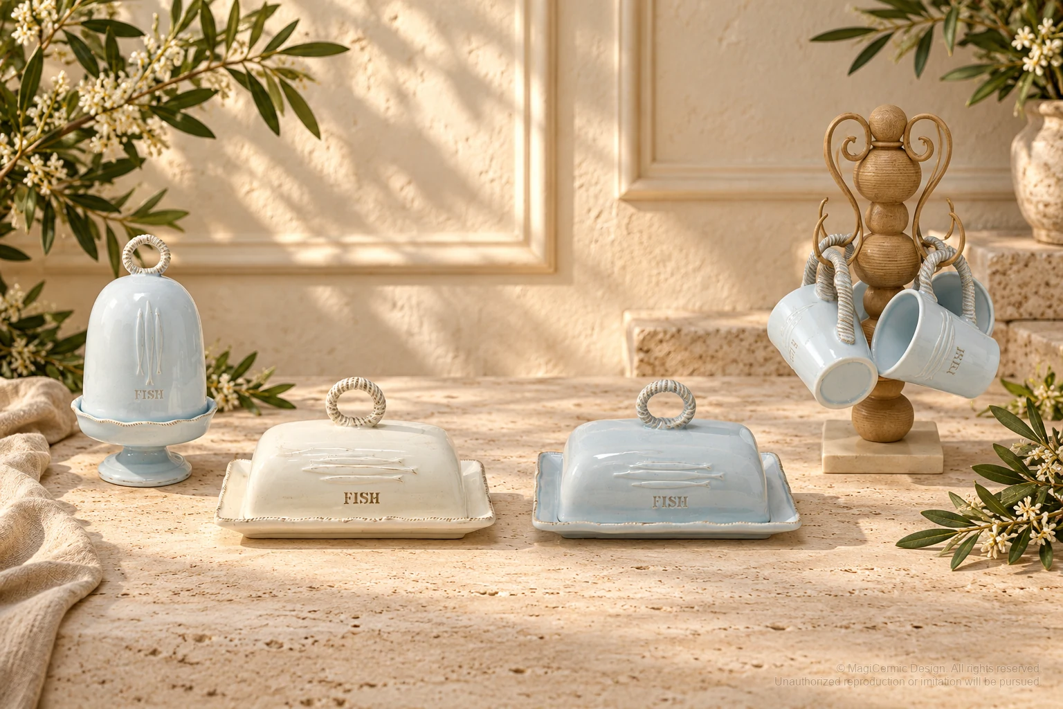 Italian-inspired floral setting of fish rope handle tableware, kept within one visible motif family