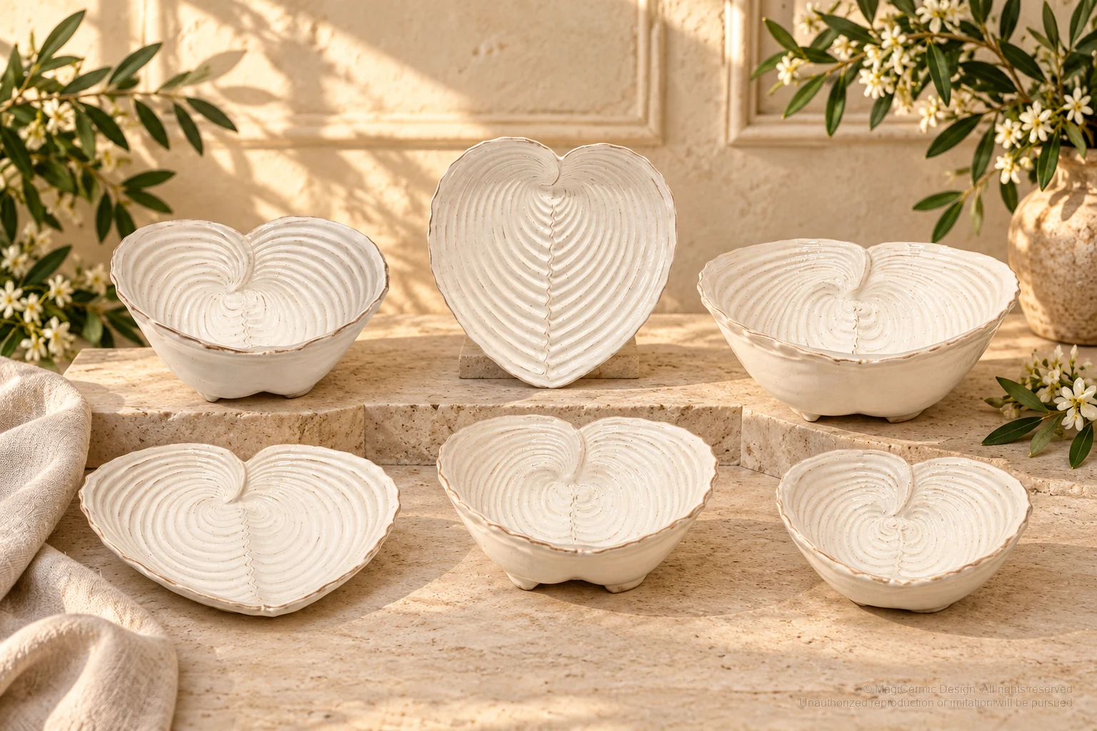 Italian-inspired floral setting of spiral ribbed hearts, kept within one visible motif family