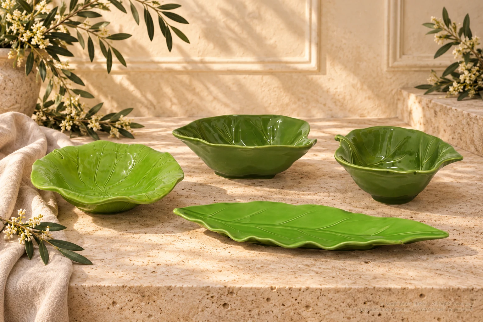 Italian-inspired floral setting of green leaf tableware, kept within one visible motif family