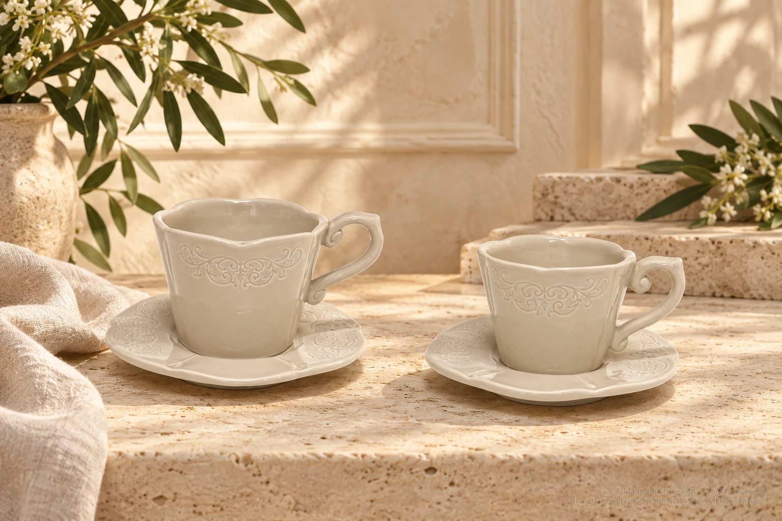 Italian-inspired floral setting of scroll panel service, kept within one visible motif family