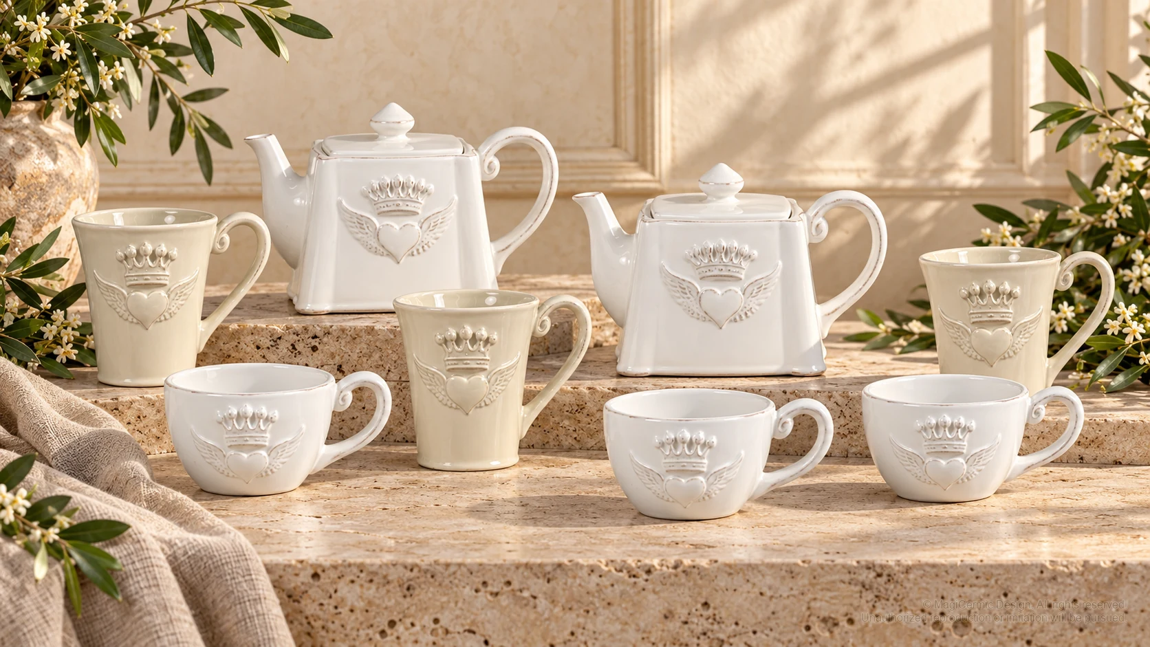 Italian-inspired floral setting of winged crowned heart tableware, kept within one visible motif family