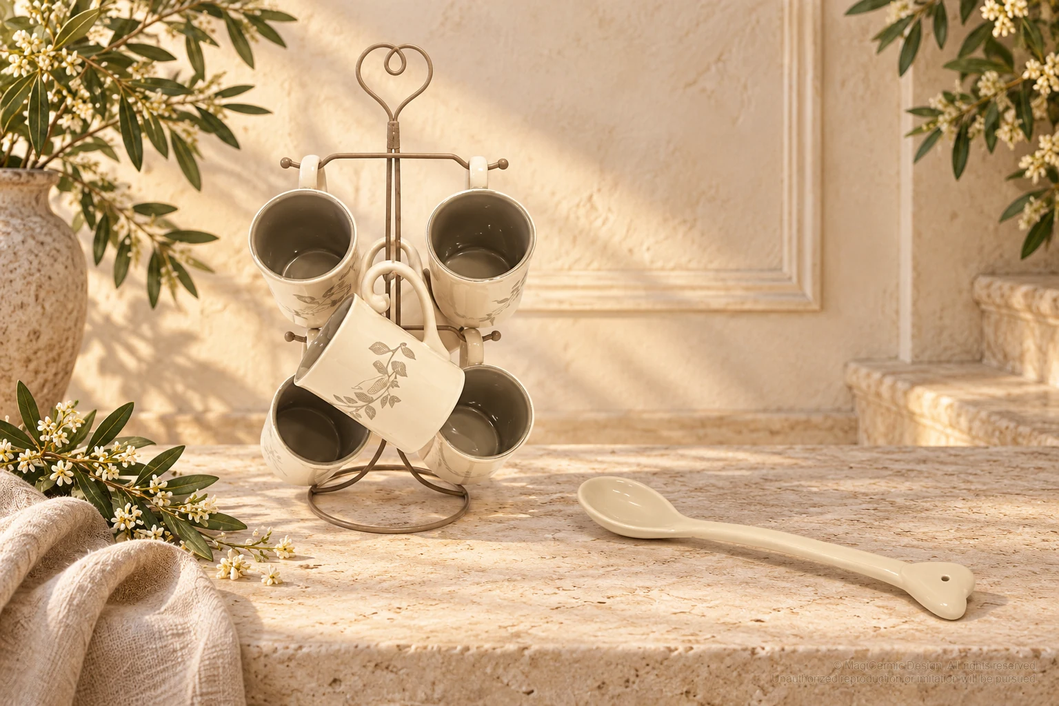 Italian-inspired floral setting of printed bird botanical tableware, kept within one visible motif family