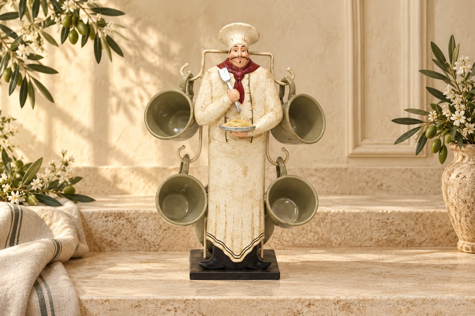 Italian-inspired floral setting of chef mug display, kept within one visible motif family