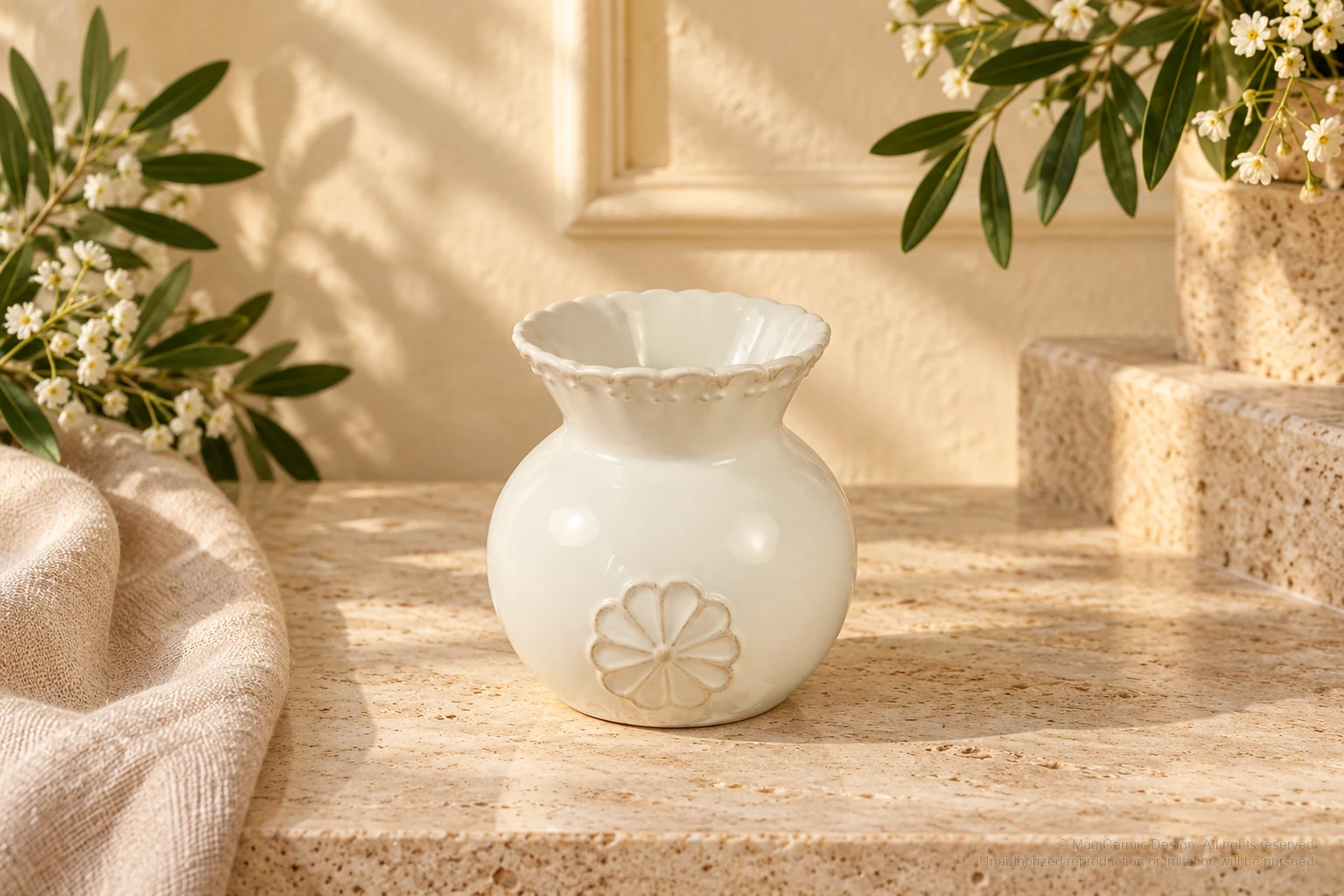 Italian-inspired floral setting of daisy vase, kept within one visible motif family
