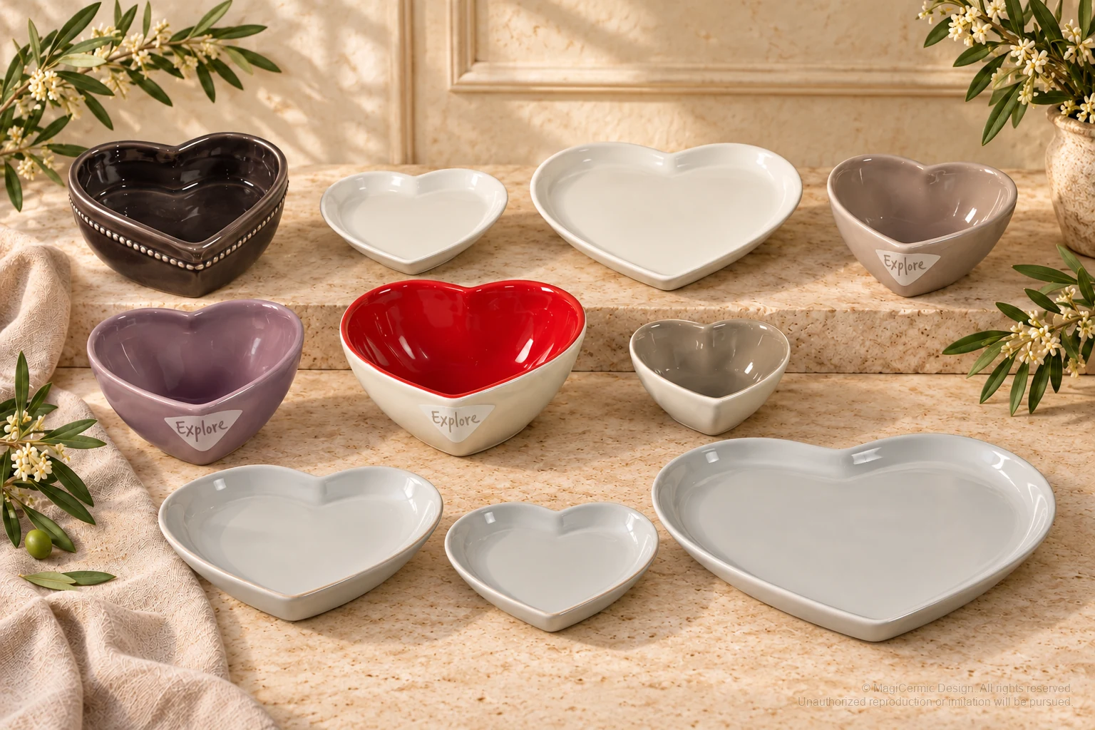 Italian-inspired floral setting of plain heart forms, kept within one visible motif family