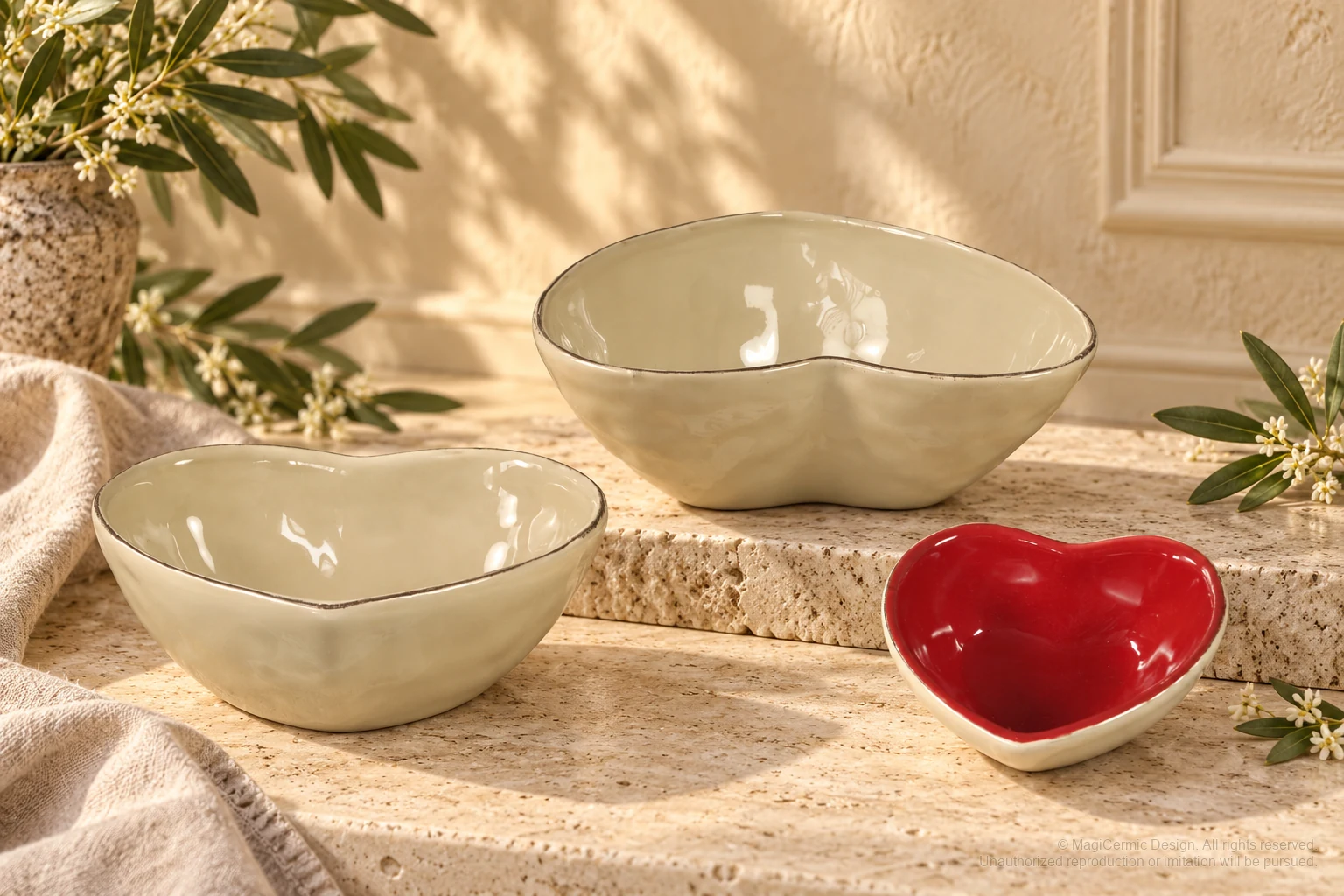 Italian-inspired floral setting of plain heart forms, kept within one visible motif family