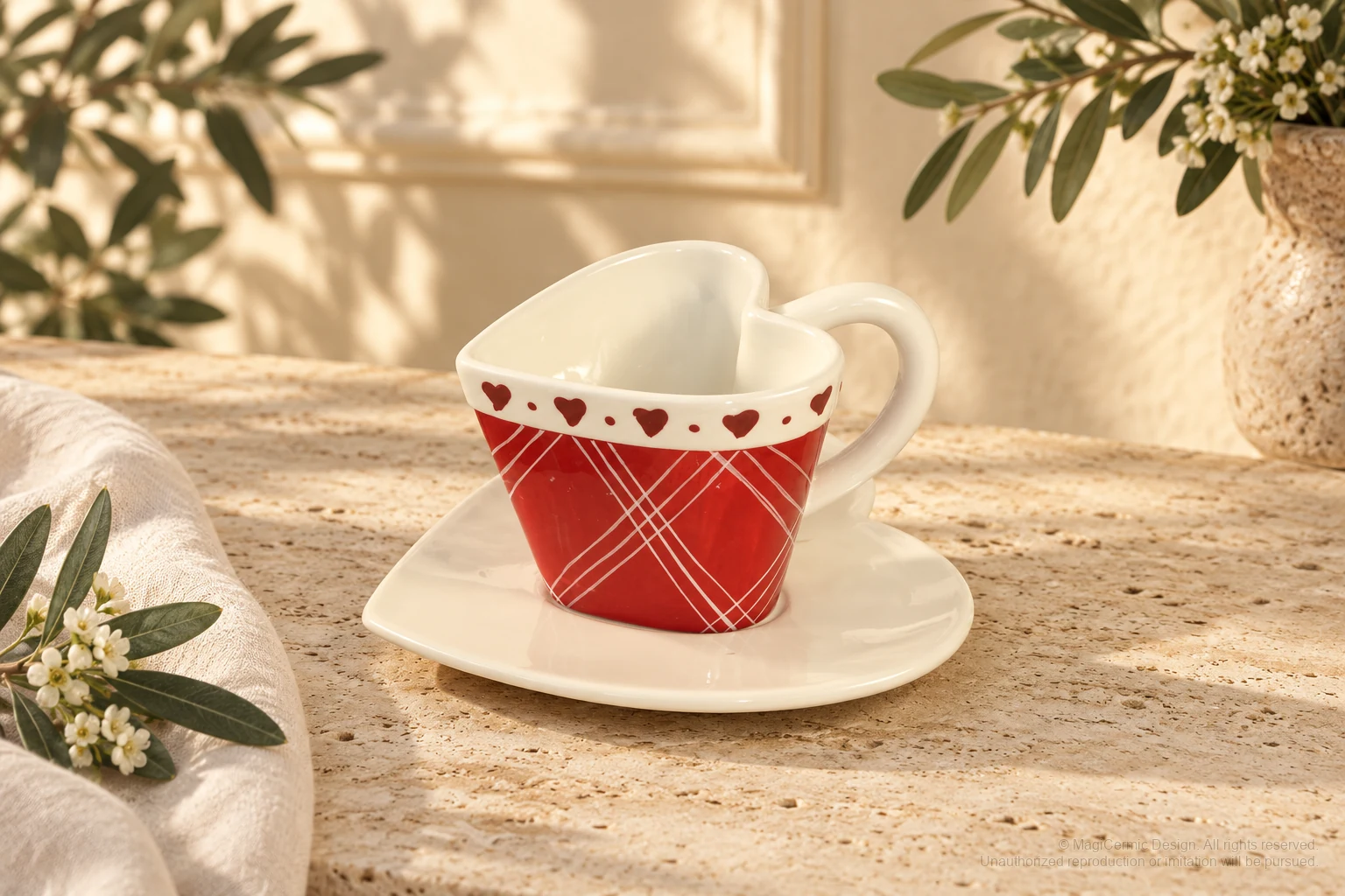 Italian-inspired floral setting of gingham heart cup, kept within one visible motif family