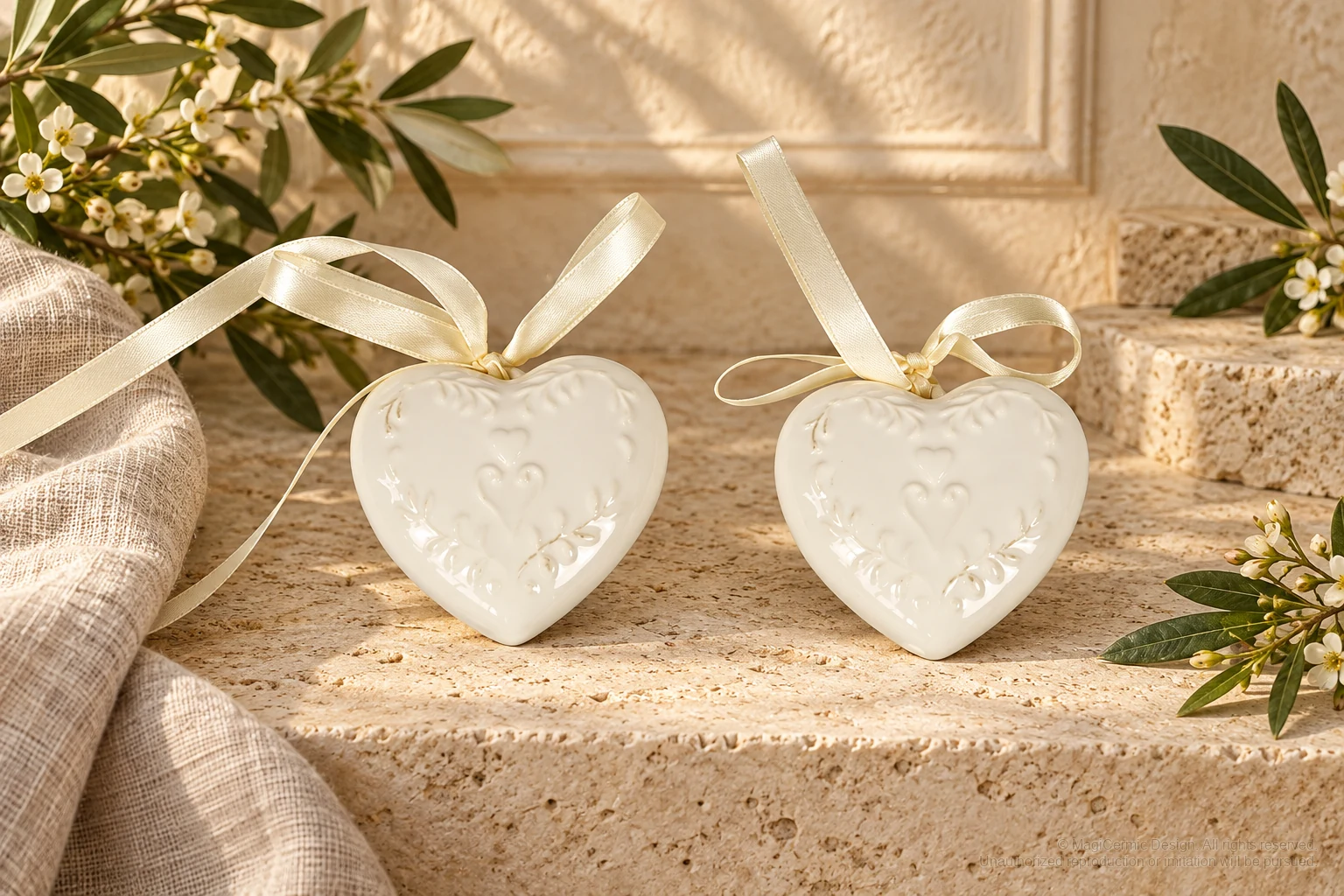 Italian-inspired floral setting of hanging heart ornaments, kept within one visible motif family