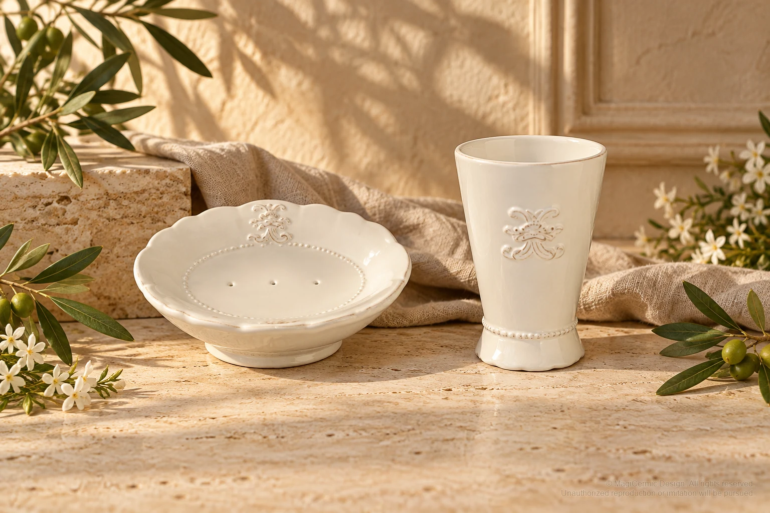 Italian-inspired floral setting of beaded scroll cartouche service, kept within one visible motif family