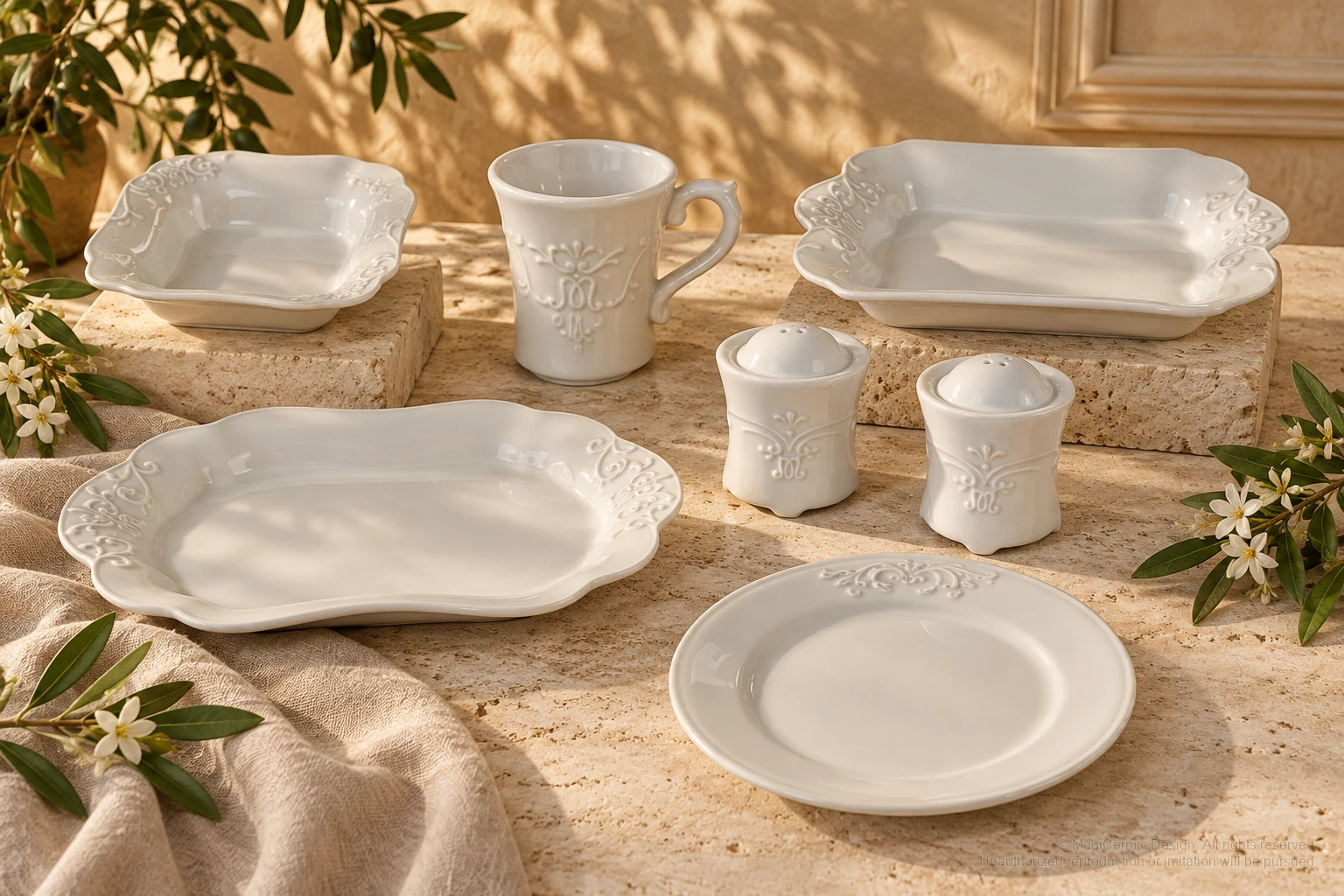 Italian-inspired floral setting of corner scroll service, kept within one visible motif family