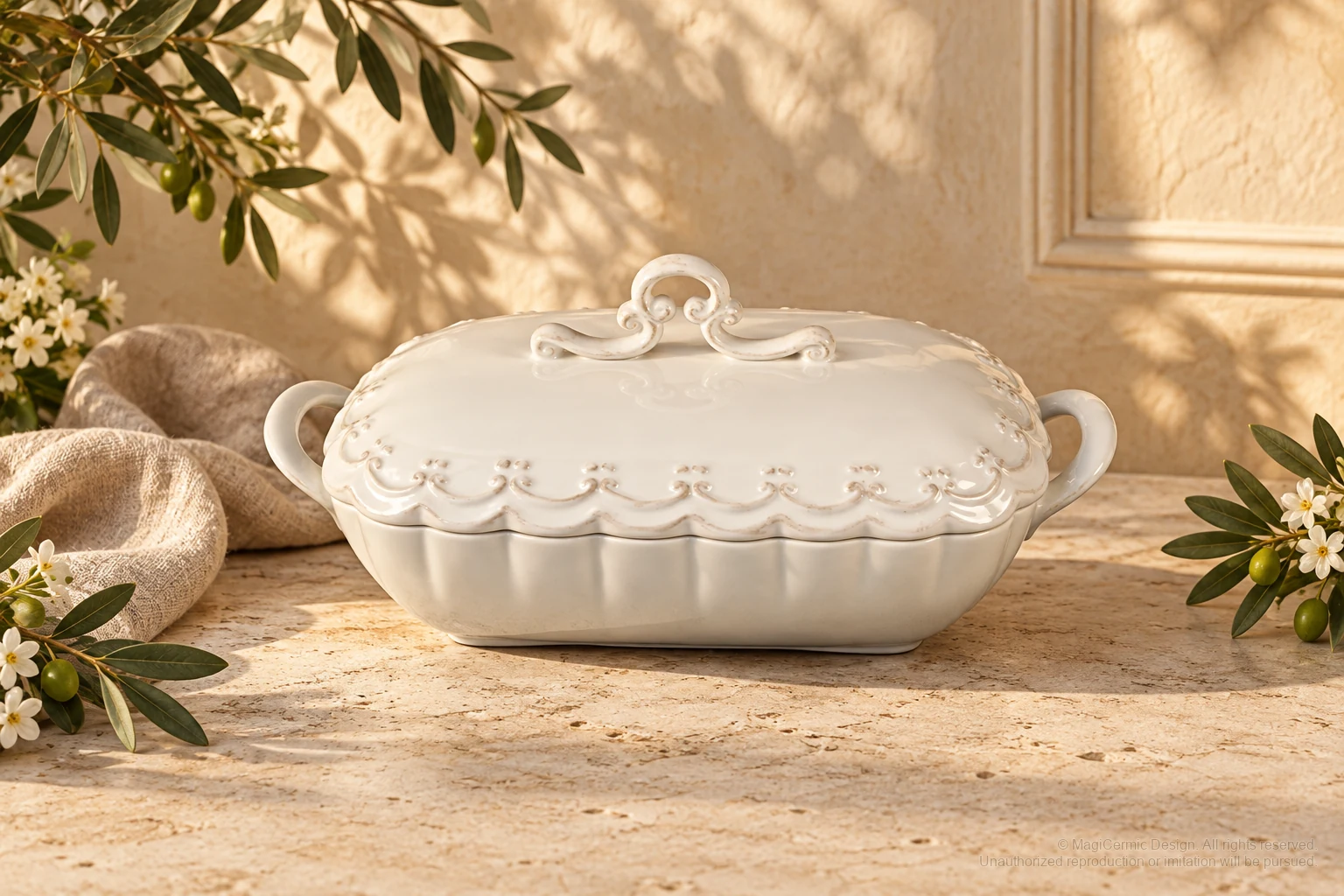 Italian-inspired floral setting of ornate lidded tureen, kept within one visible motif family