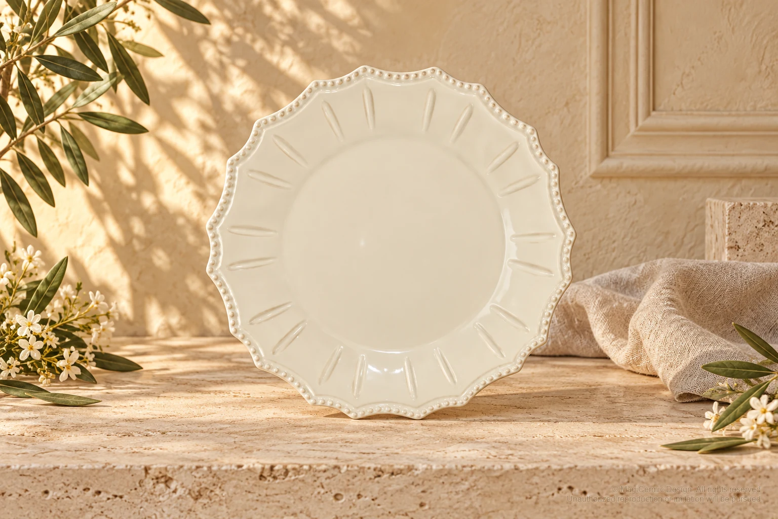 Italian-inspired floral setting of radial scallop plate, kept within one visible motif family