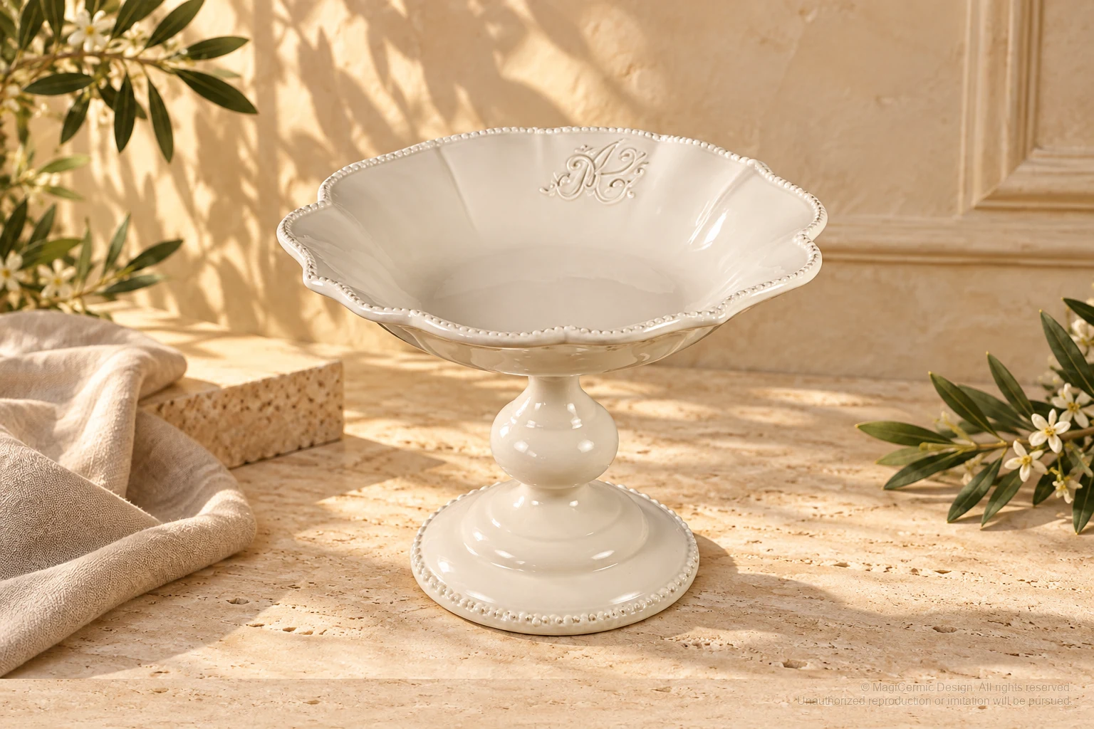 Italian-inspired floral setting of monogram service, kept within one visible motif family