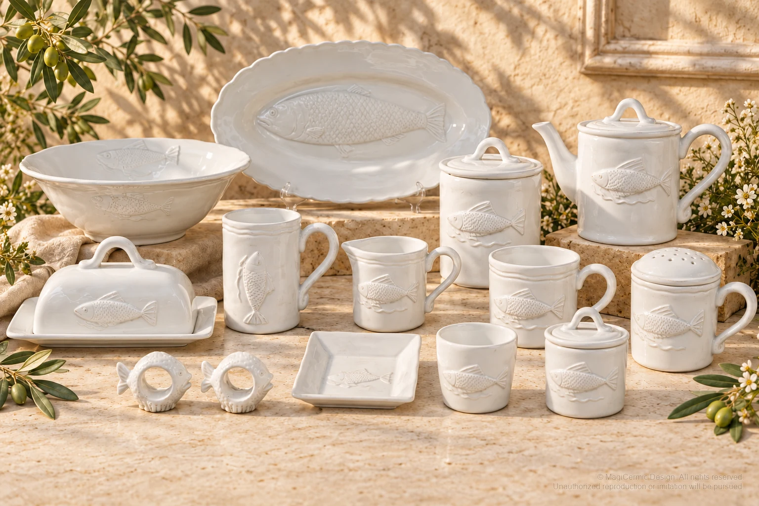 Italian-inspired floral setting of single fish relief service, kept within one visible motif family
