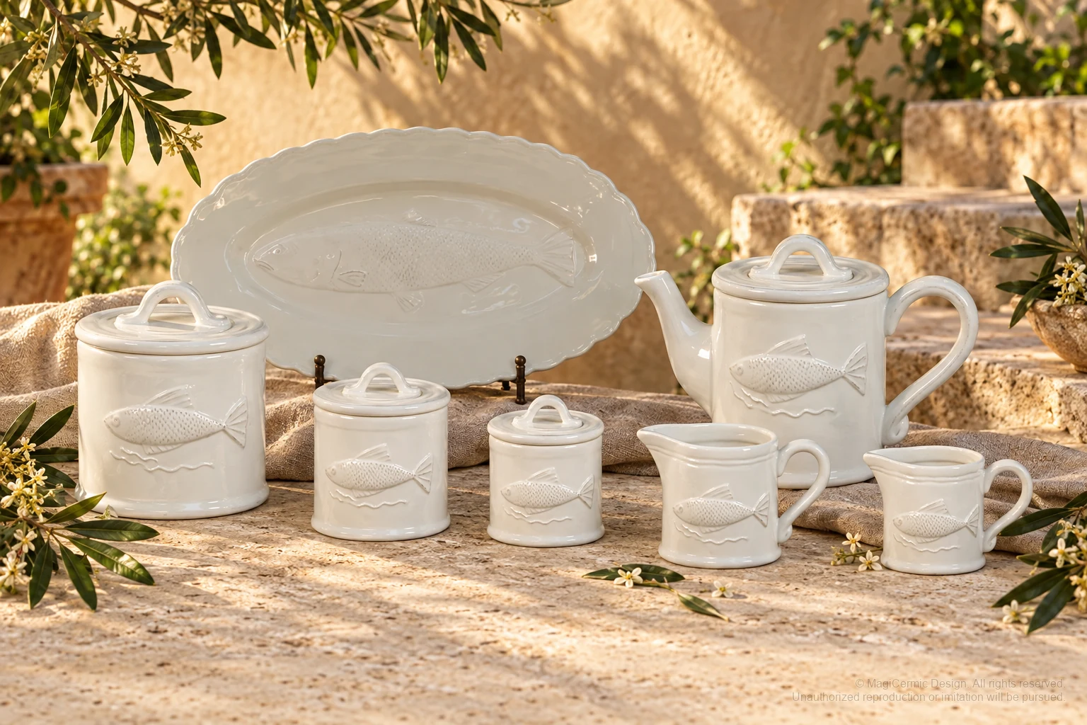 Italian-inspired floral setting of single fish relief service, kept within one visible motif family