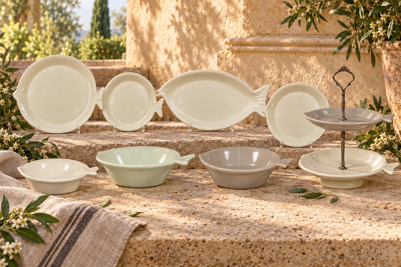 Italian-inspired floral setting of plain fish forms, kept within one visible motif family