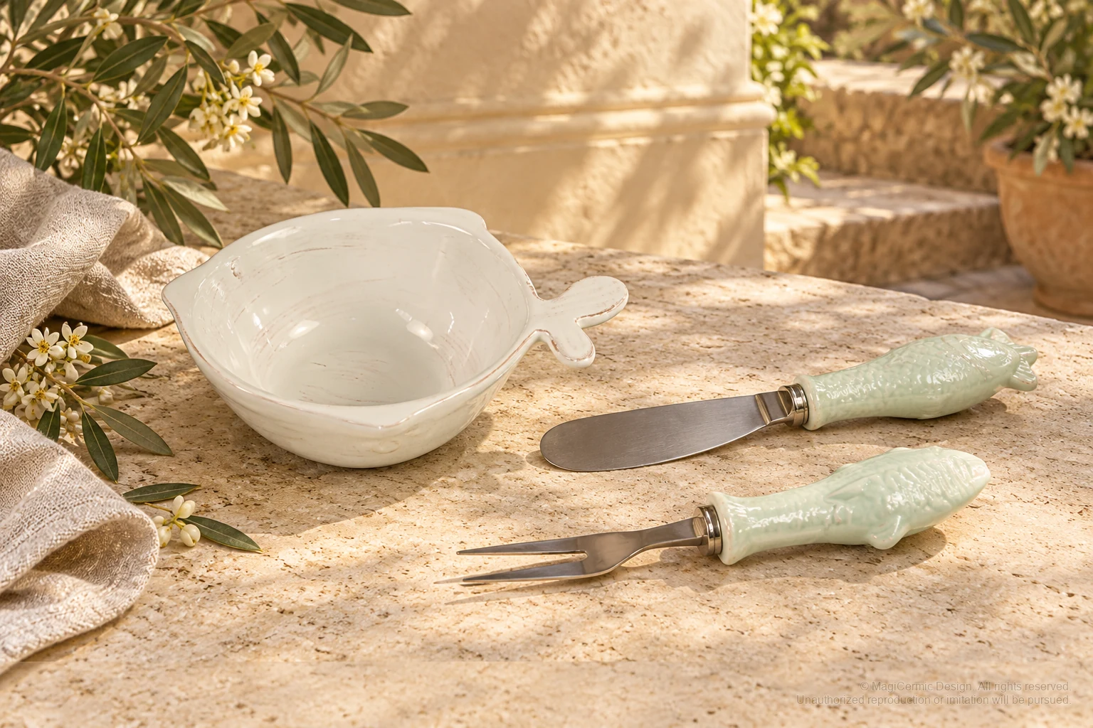 Italian-inspired floral setting of plain fish forms, kept within one visible motif family