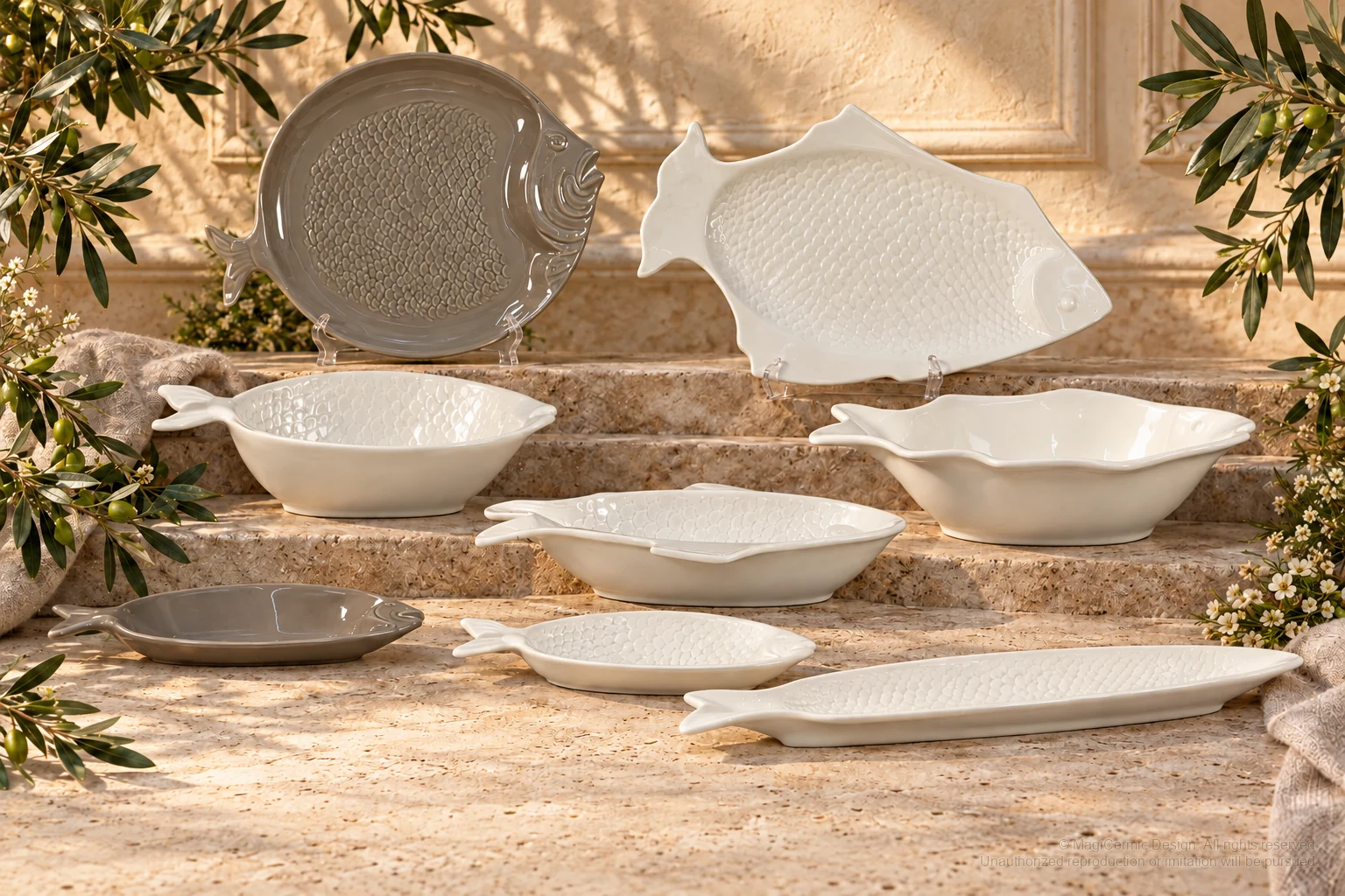 Italian-inspired floral setting of scaled fish forms, kept within one visible motif family