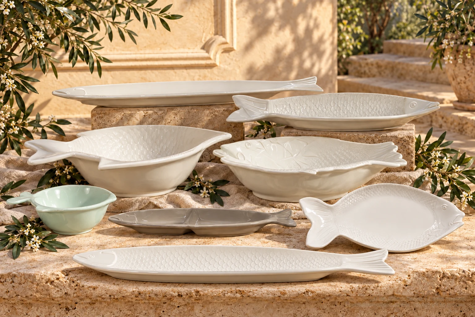 Italian-inspired floral setting of scaled fish forms, kept within one visible motif family