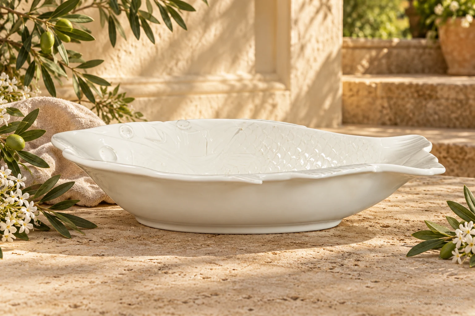 Italian-inspired floral setting of scaled fish forms, kept within one visible motif family