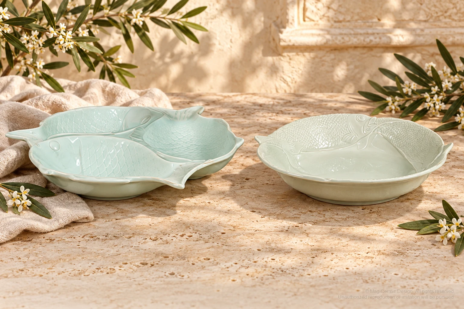 Italian-inspired floral setting of school fish forms, kept within one visible motif family
