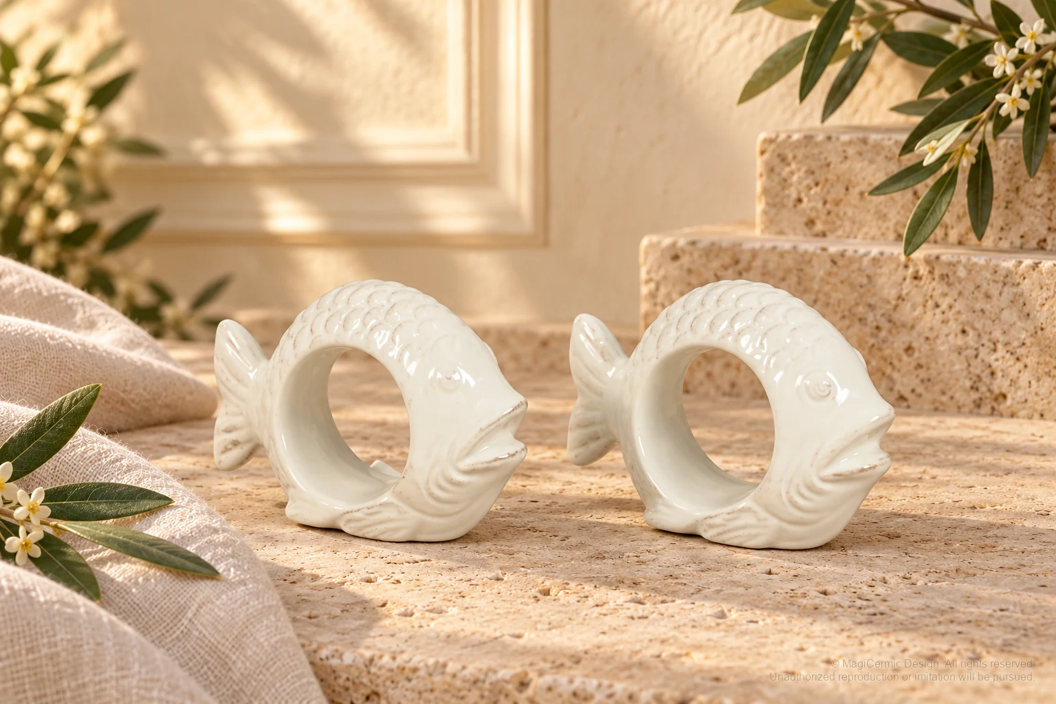 Italian-inspired floral setting of fish napkin rings, kept within one visible motif family